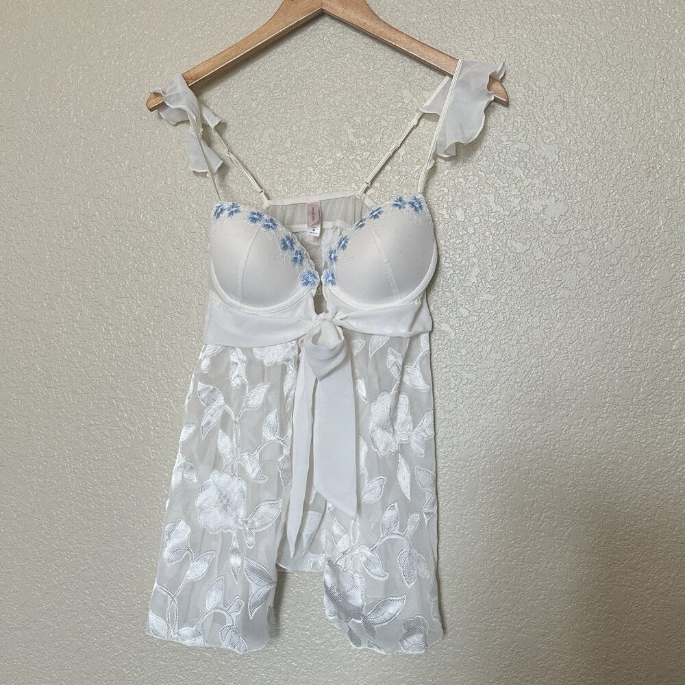 Inner Secrets Off White Baby Doll Lingerie Open Front Tie‎ Blue Wedding Bridal